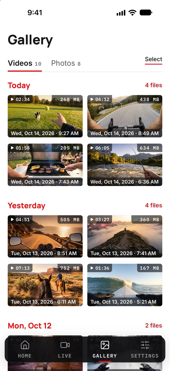 iVUE app gallery screen showing recorded clips