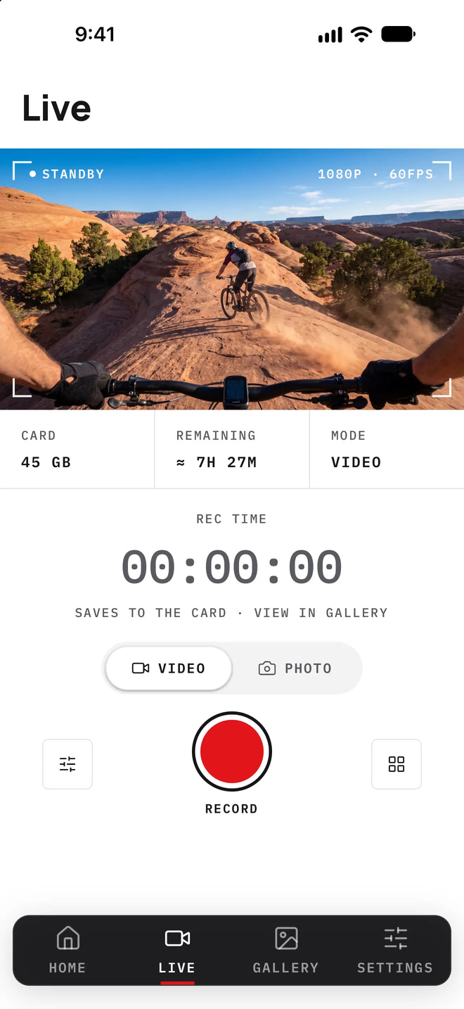 iVUE app live preview screen framing a point-of-view shot