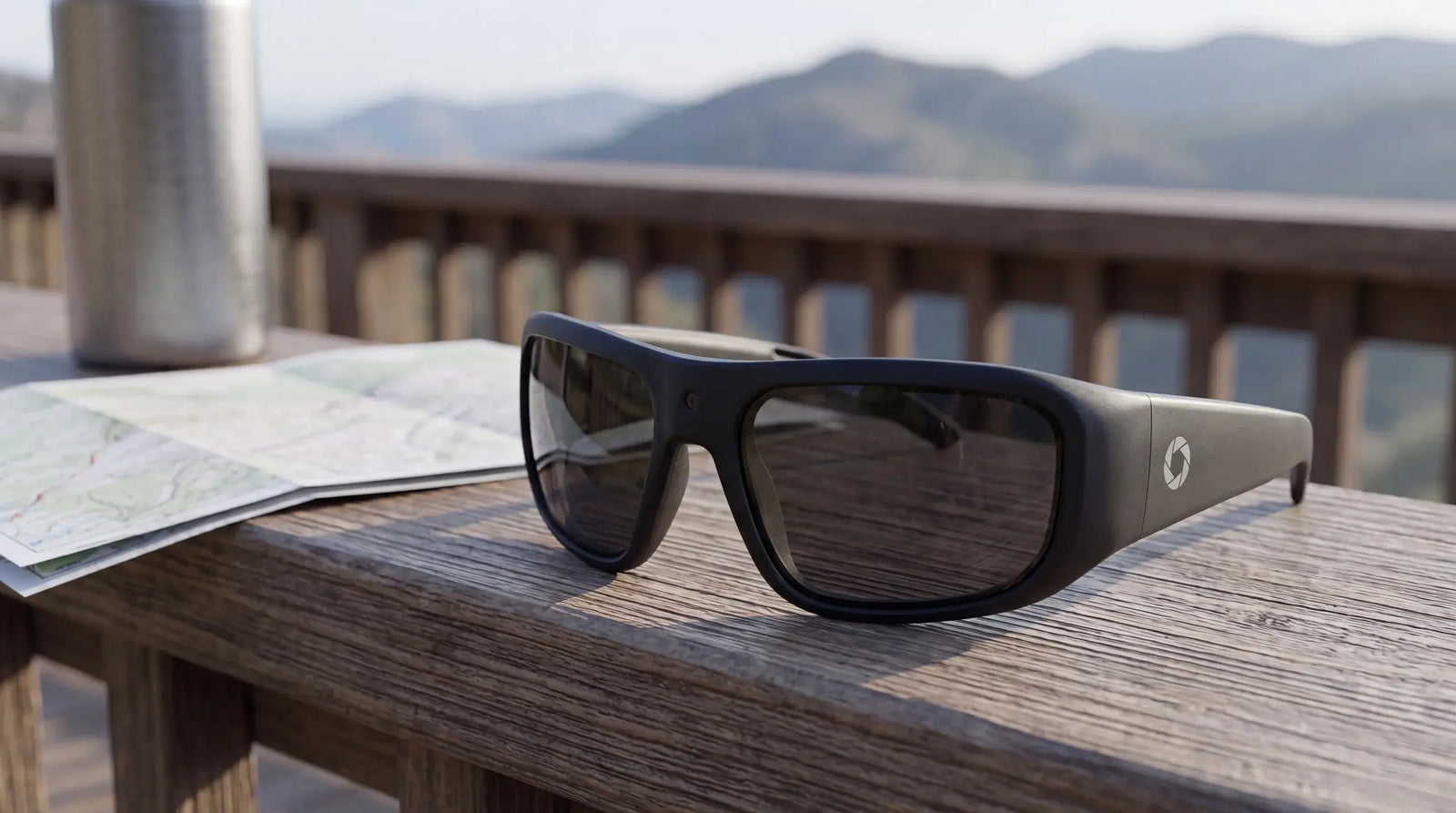 iVUE Glide camera glasses resting on a rock overlooking a canyon vista