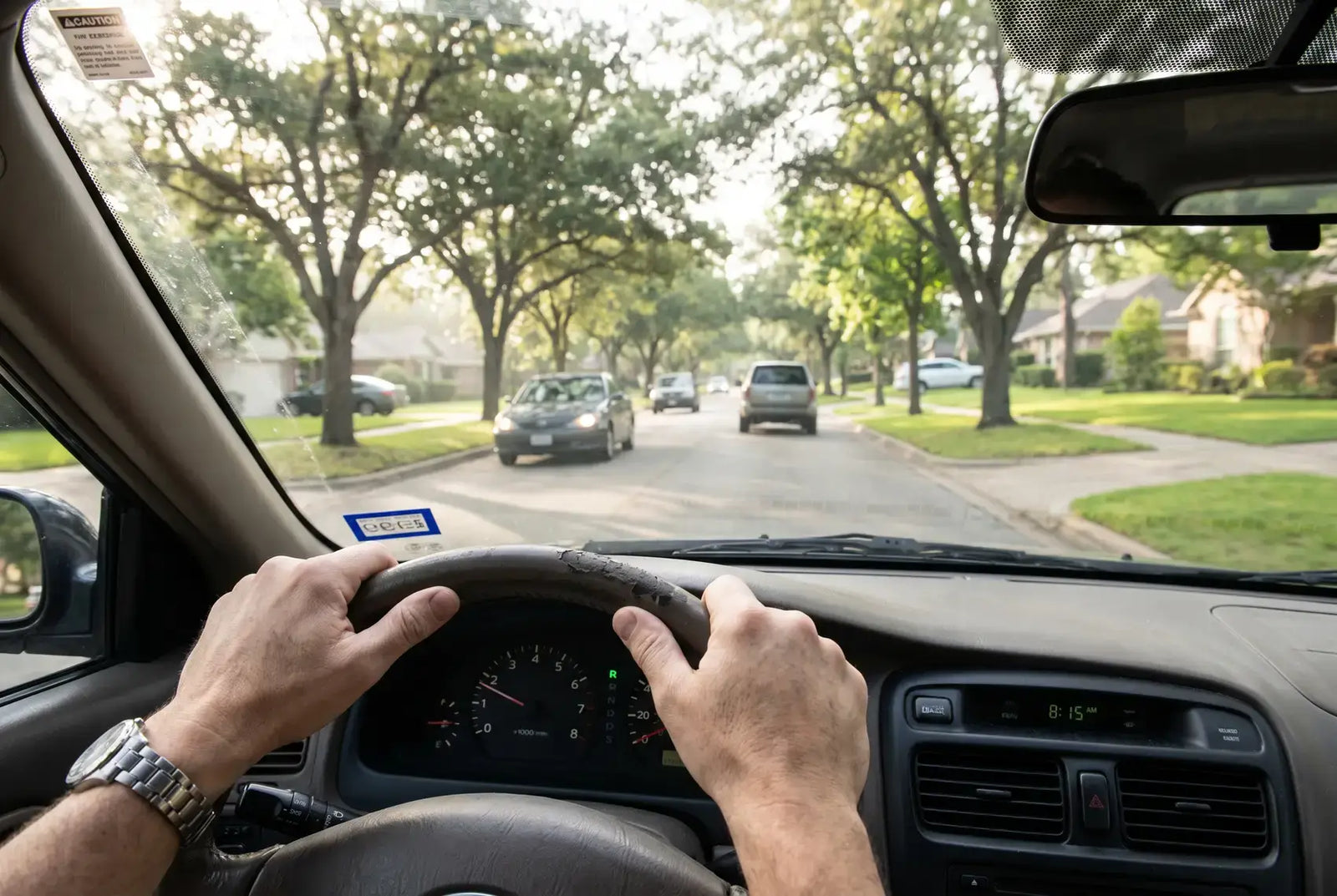 first-person view of hands on the wheel on a tree-lined road, 1080p-style footage