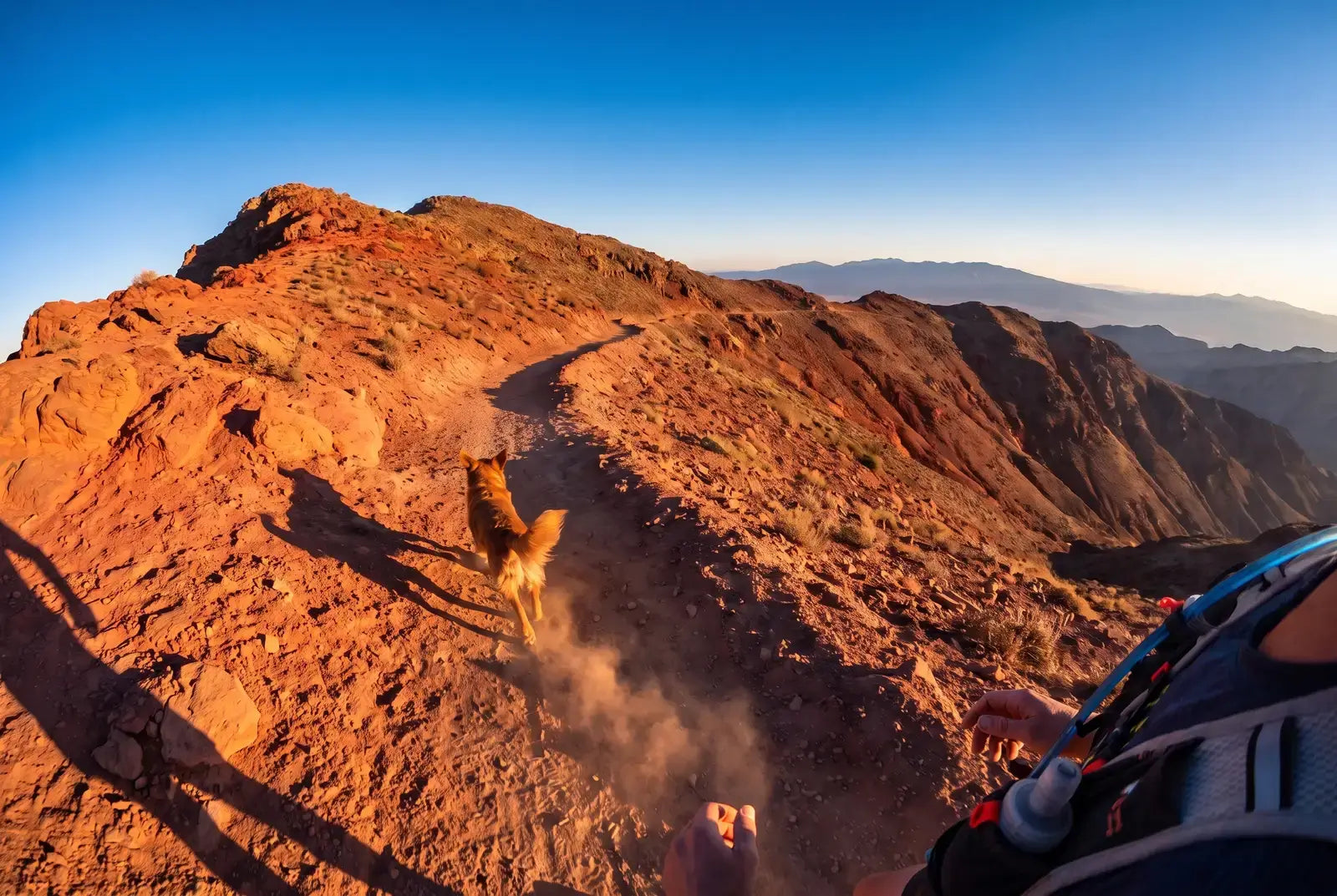 First-person view running a ridge trail at sunrise, the kind of footage camera glasses are built for