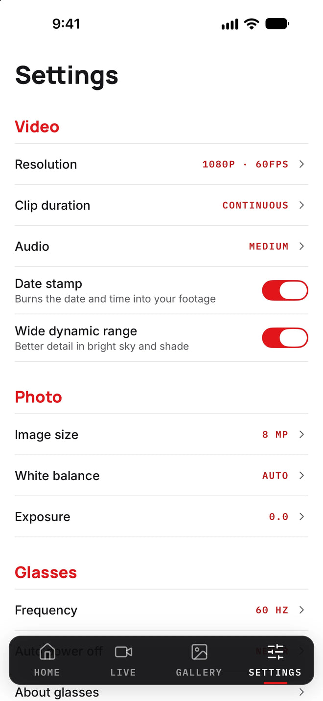 iVUE app settings screen