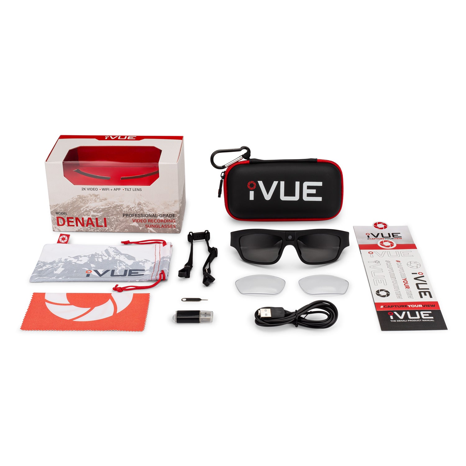 iVUE Denali camera glasses unboxing, showing included accessories and charging cable