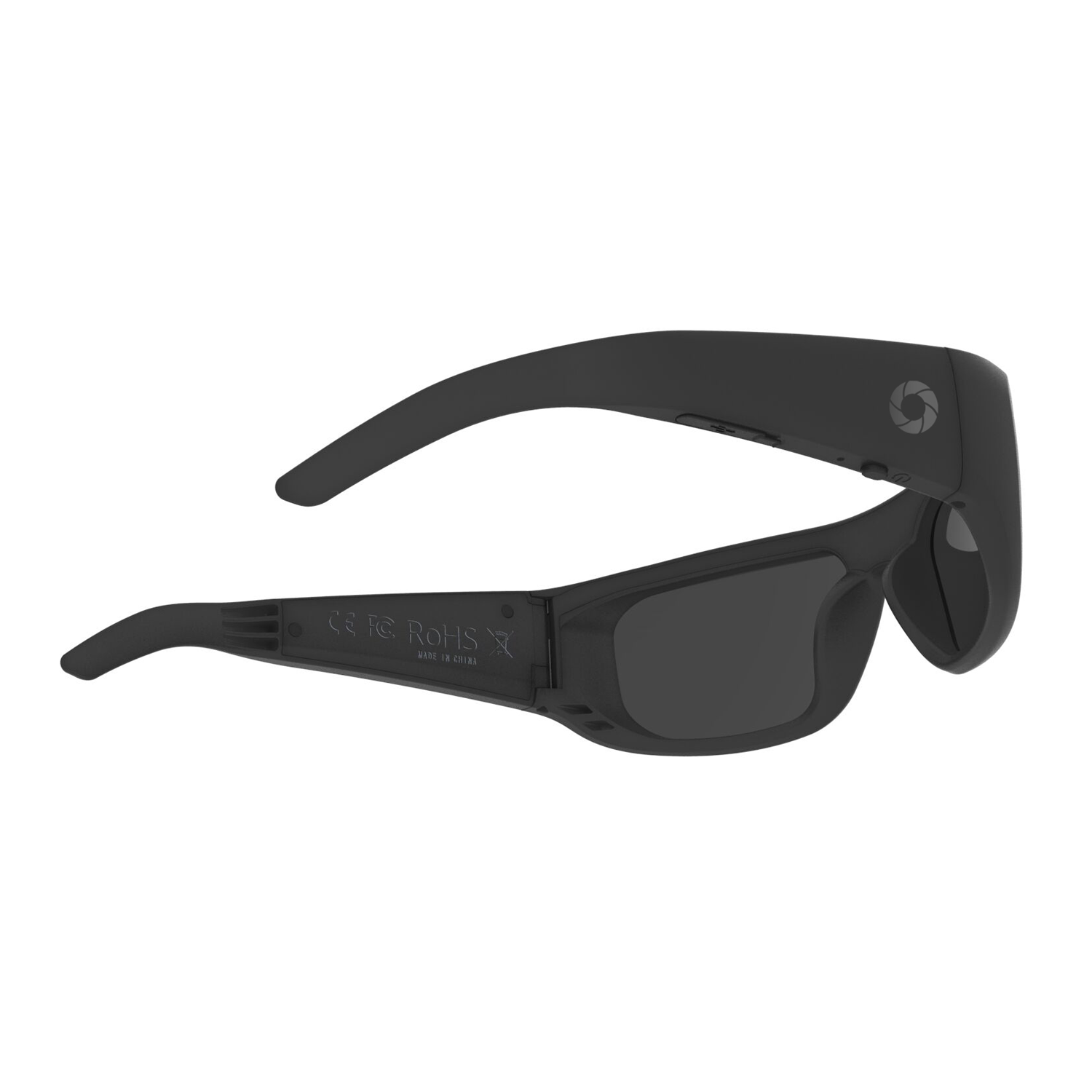 iVUE Glide camera glasses angled view showing 64GB built-in storage capacity