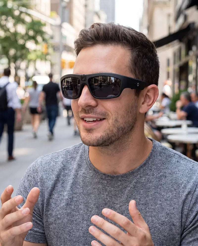 Creator talking to camera on a city street, wearing iVUE camera glasses
