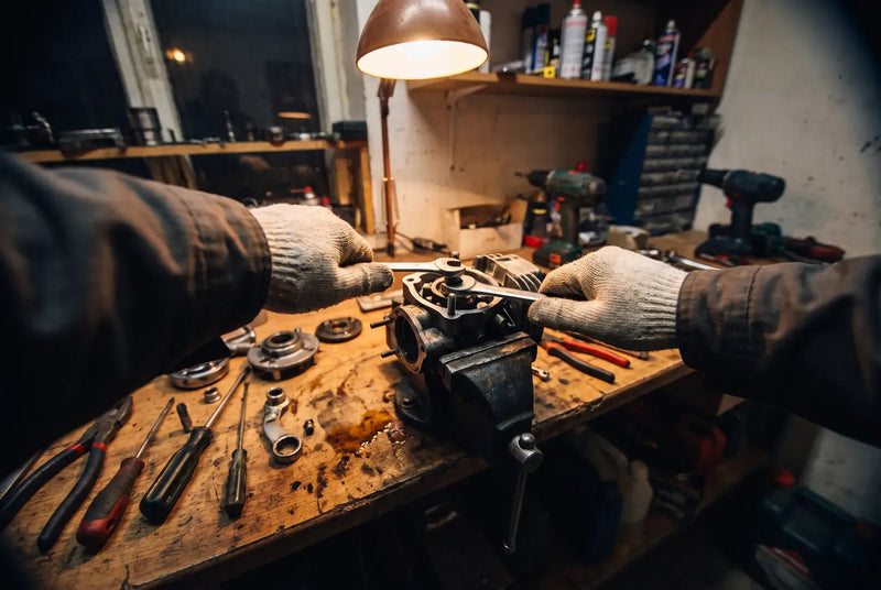 Gloved hands repairing a part at a workbench, seen from the mechanic's eyes