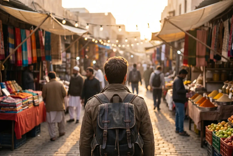 Traveler with a backpack walking through a busy street market
