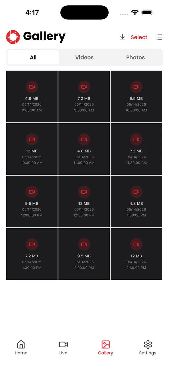 iVUE app gallery screen showing recorded clips