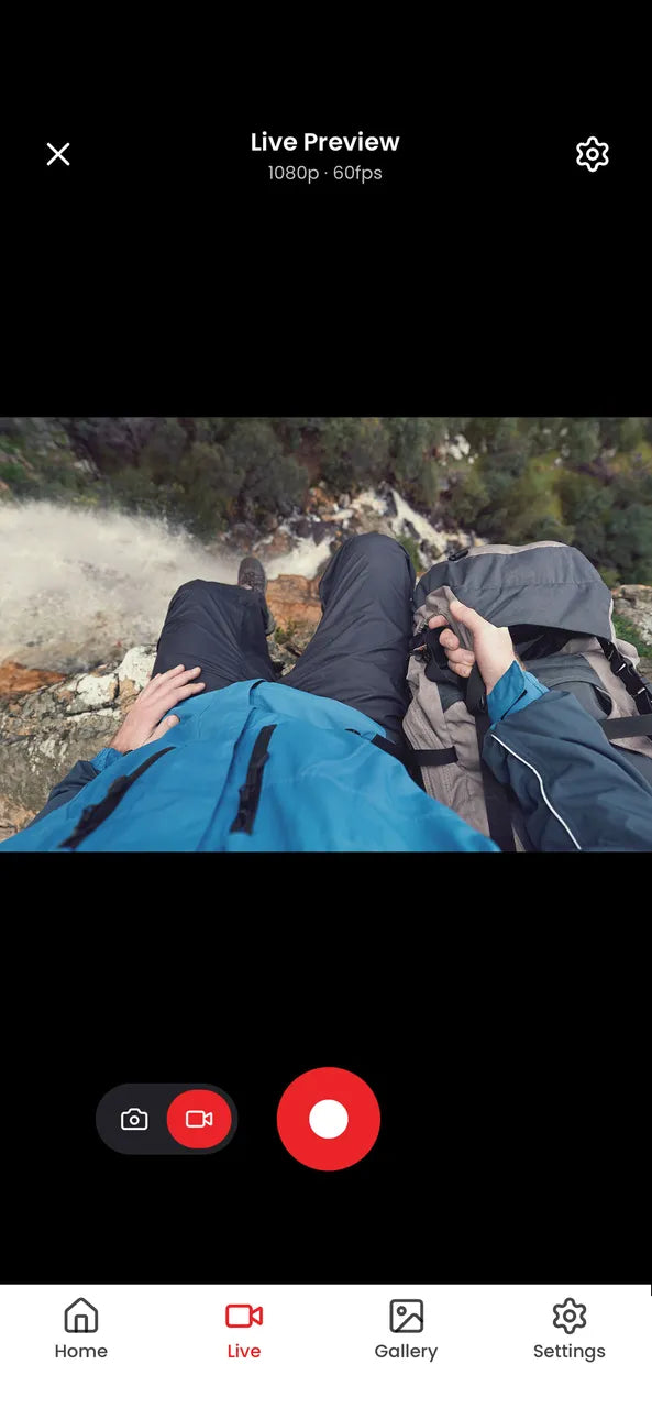 iVUE app live preview screen framing a point-of-view shot