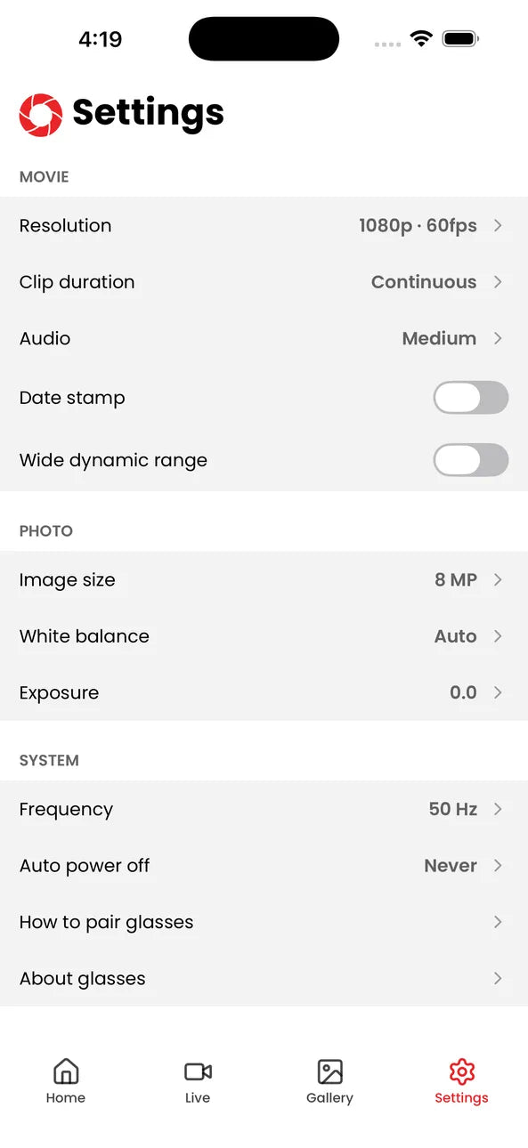 iVUE app settings screen