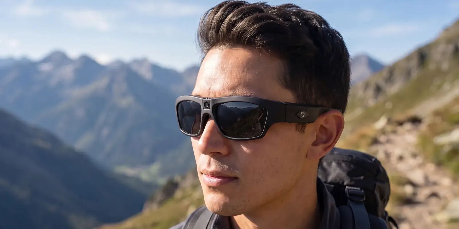 Hiker on a mountain trail wearing iVUE Denali camera glasses