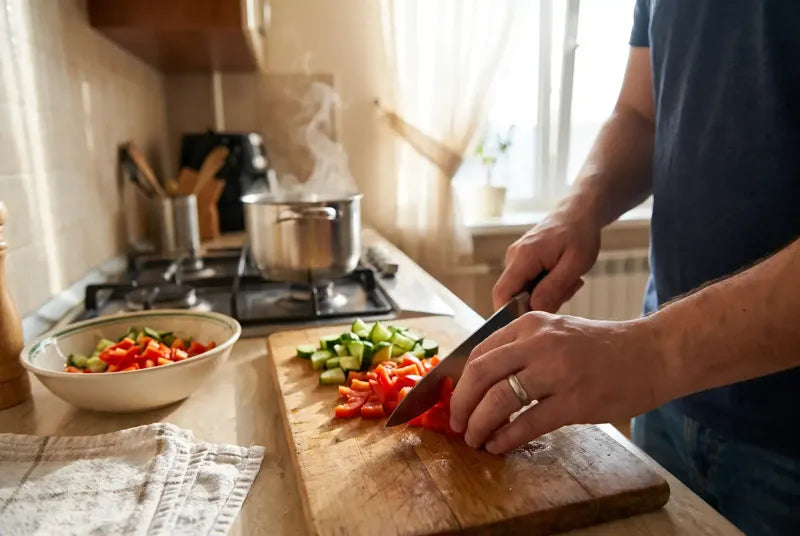 Chopping vegetables in a sunny kitchen